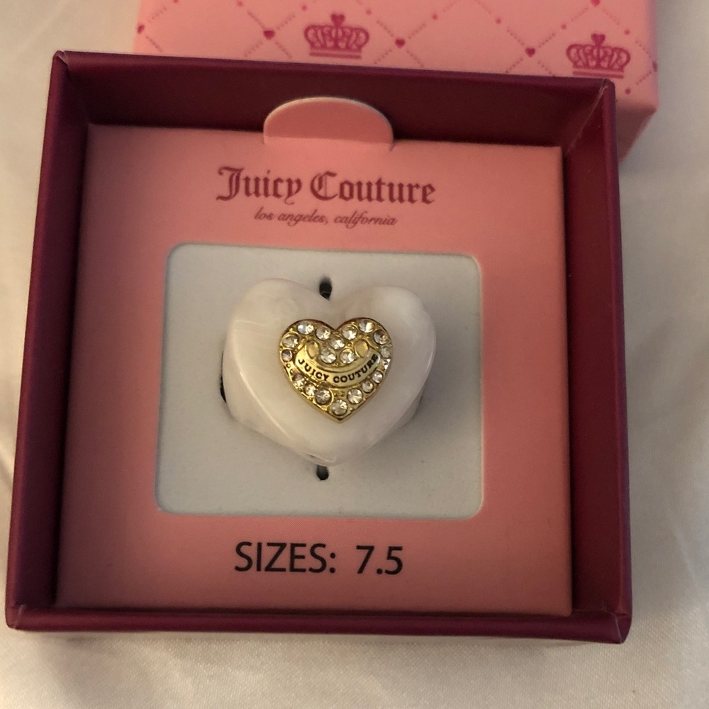 Juicy Couture White Resin Heart Ring Gold Tone Pave Heart Accent Size 7.5 NIB